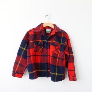 60s VINTAGE Maine Guide Jacket Mens S Plaid Red Blue Wool Crop Heavy Cabin RARE